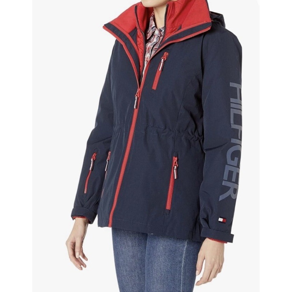 Tommy Hilfiger Women Puffer Jacket Hooded Red Navy Size L Medium Coat No Vest